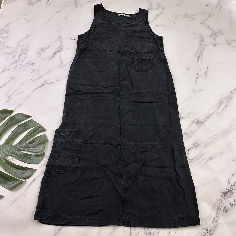 J Jill Womens Vintage 90s Denim Maxi Dress Size M Faded Black Floral Embroidered